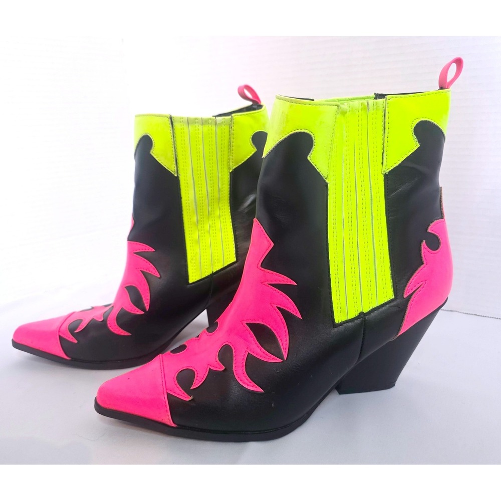 Cape Robbin Neon Pink Yellow Black Western Cowboy Ankle Boot Pointed Toe Flame 9